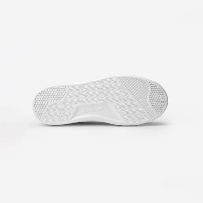 Sole view of the Premium Classic Trainer in White/Grey, showing the textured Closure LDN custom outsole and embossed branding.