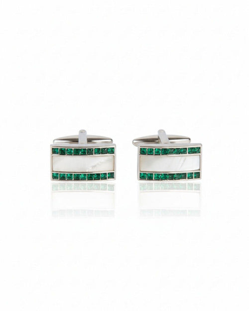 Silver cufflinks with green crystal inlay and mother-of-pearl panels, rectangular face