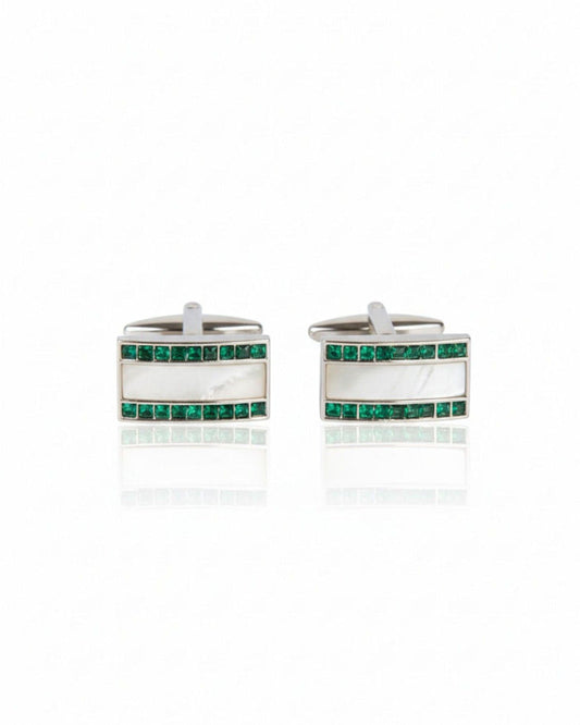 Silver cufflinks with green crystal inlay and mother-of-pearl panels, rectangular face