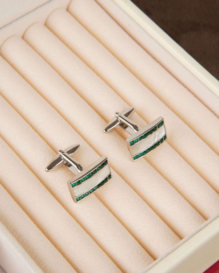 Square silver cufflinks with green crystal stripes and mother-of-pearl center