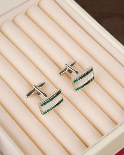 Square silver cufflinks with green crystal stripes and mother-of-pearl center