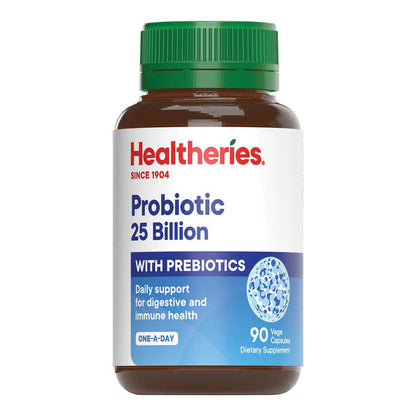Healtheries probiotic supplement bottle with green cap on a white background.