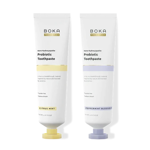 Two tubes of Boka Probiotic Toothpaste on a white background
