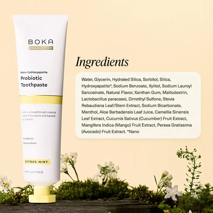 Boka Probiotic Toothpaste with ingredient list on a natural background
