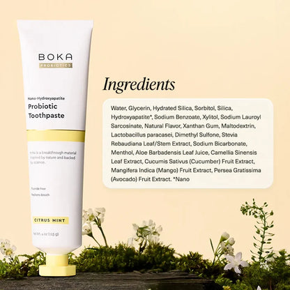Boka Probiotic Toothpaste with ingredient list on a natural background