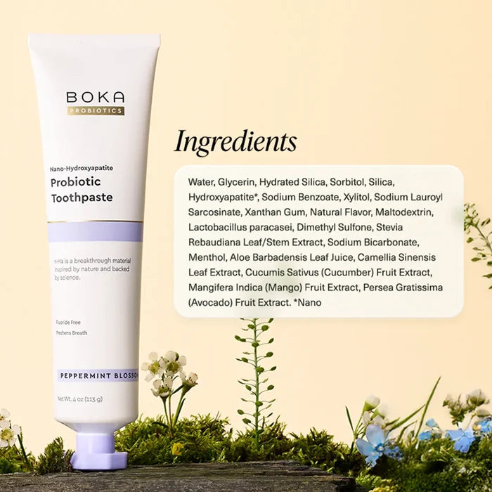 Boka Probiotic Toothpaste with ingredients list on a natural background