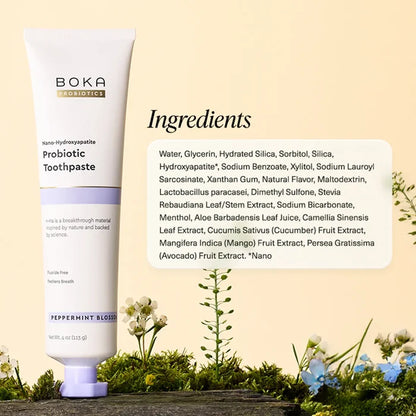 Boka Probiotic Toothpaste with ingredients list on a natural background