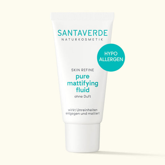 Santaverde Pure Mattifying Fluid ohne Duft 30 ml – Aloe Vera Naturkosmetik mattierendes Gesichtsfluid für unreine und empfindliche Haut, minimalistisch präsentiert mit Hypoallergen-Störer
