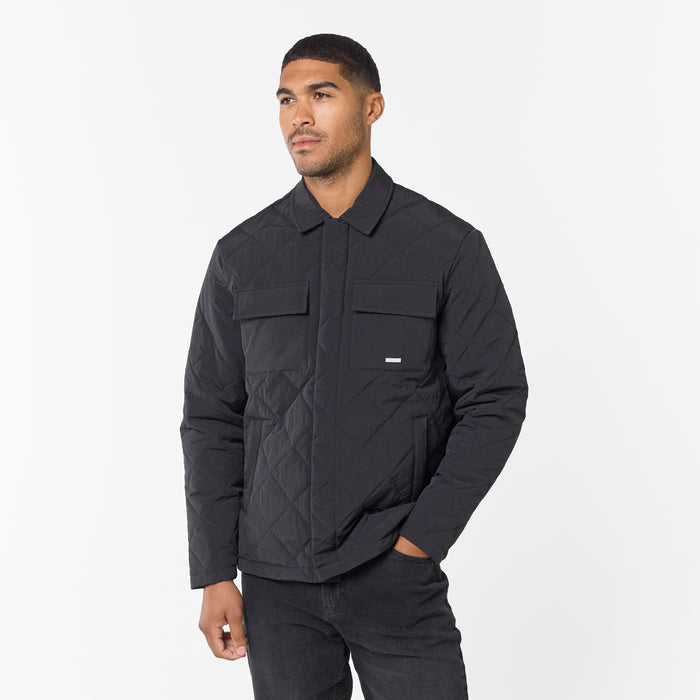 Men's Black Quilted Overshirt Jacket  Closure London  Front View