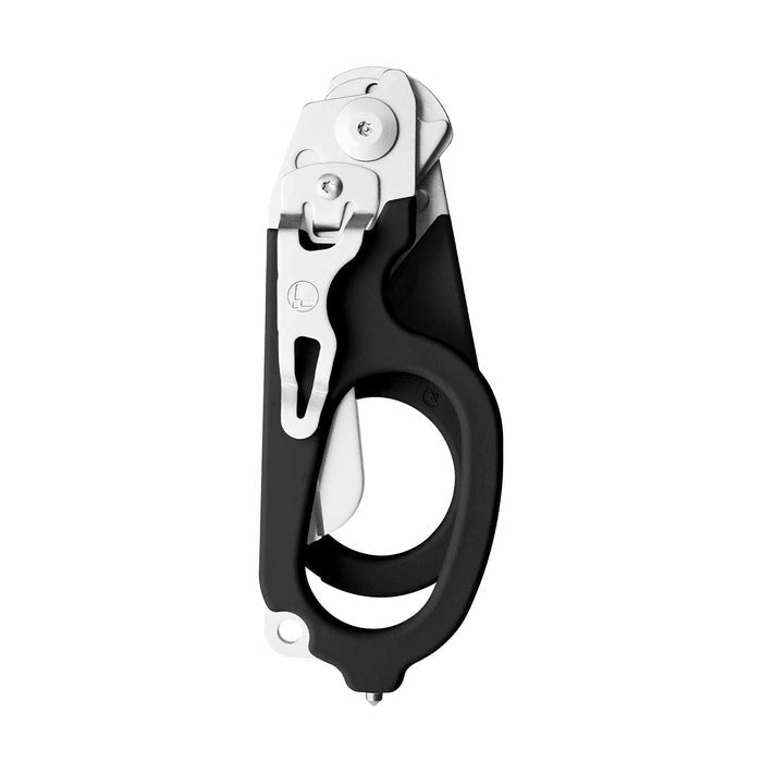Black Leatherman Raptor Rescue trauma shears folded, featuring the pocket clip and lanyard hole.