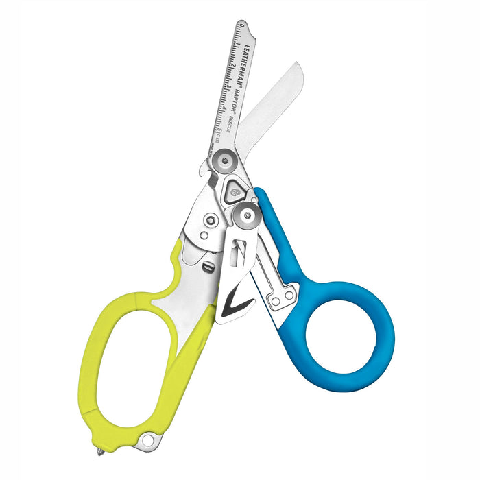 Open Yellow and Blue Leatherman Raptor Rescue trauma shears with premium scissors and various tools.