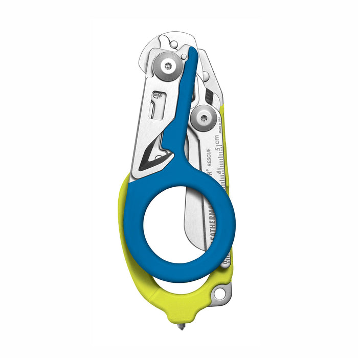 Yellow and Blue Leatherman Raptor Rescue trauma shears folded, showcasing its compact size.