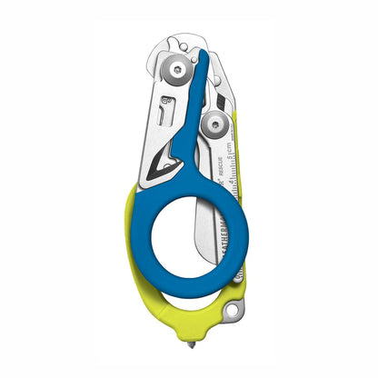 Yellow and Blue Leatherman Raptor Rescue trauma shears folded, showcasing its compact size.