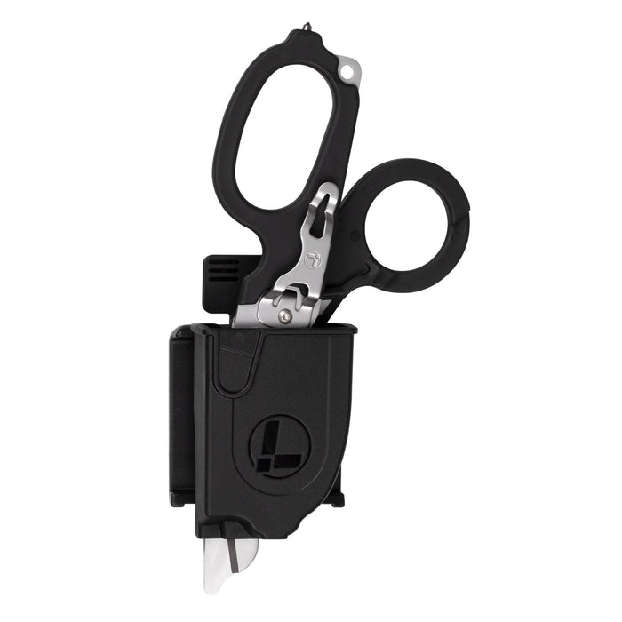 Black Raptor® Rescue Holster with Leatherman Raptor Rescue inside, showcasing its easy access.