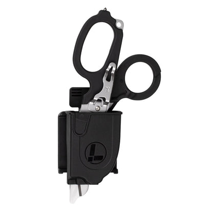 Black Raptor® Rescue Holster with Leatherman Raptor Rescue inside, showcasing its easy access.