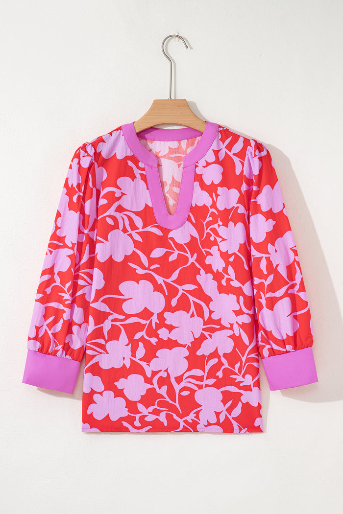 Red Floral Print Split V Neck Cuffed Bracelet Sleeve Blouse