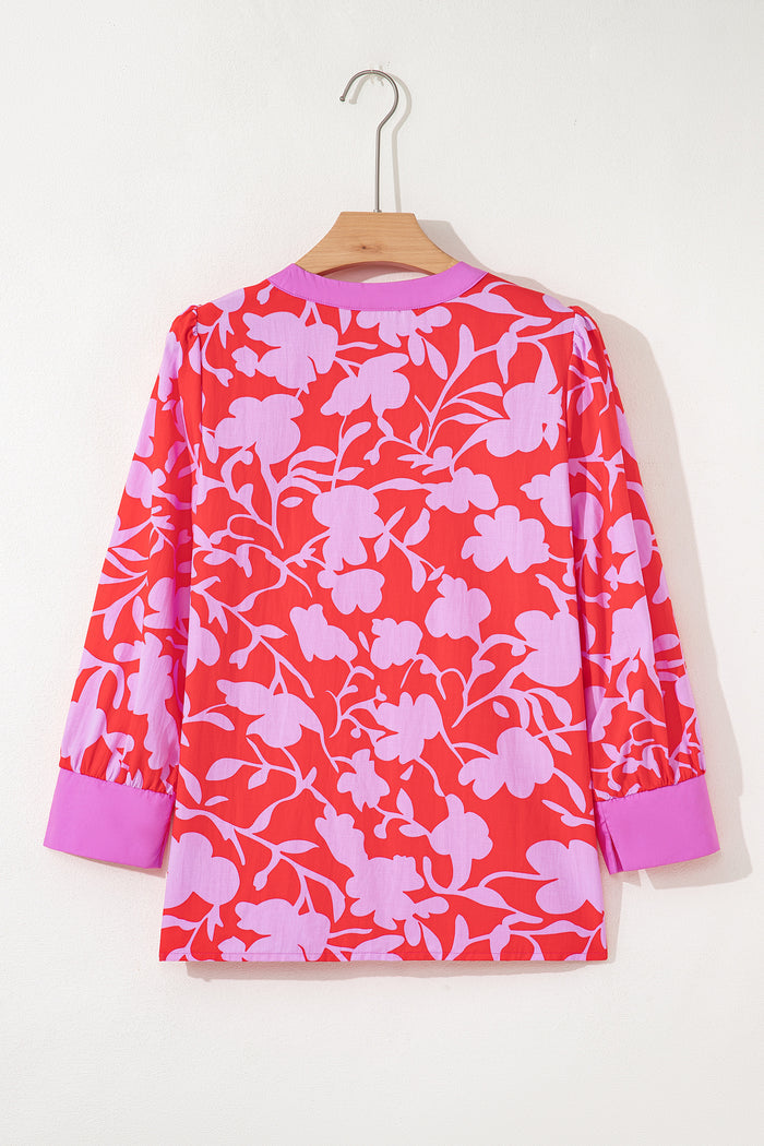 Red Floral Print Split V Neck Cuffed Bracelet Sleeve Blouse