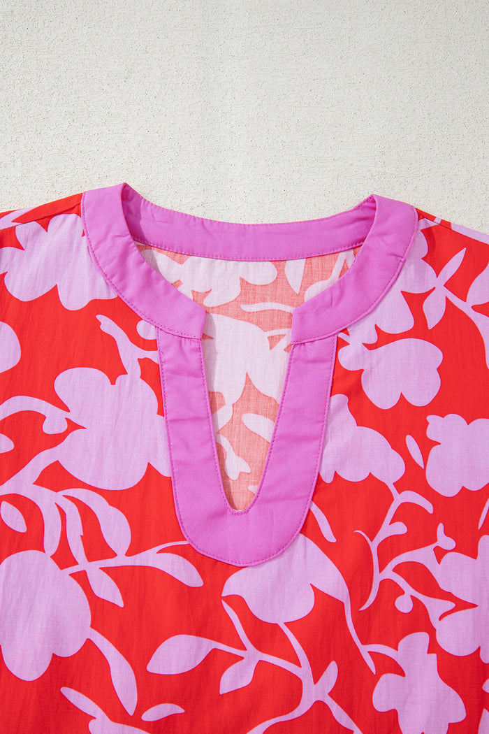 Red Floral Print Split V Neck Cuffed Bracelet Sleeve Blouse
