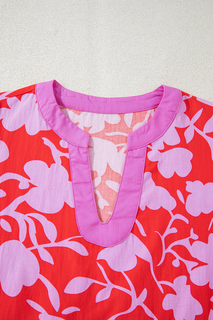 Red Floral Print Split V Neck Cuffed Bracelet Sleeve Blouse