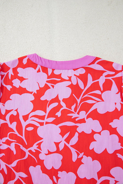 Red Floral Print Split V Neck Cuffed Bracelet Sleeve Blouse