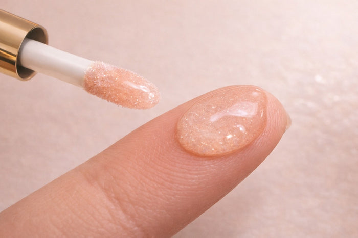 Close-up of glossy Reiland Velvet Lip Plumper texture on a fingertip with applicator against a soft blush background.