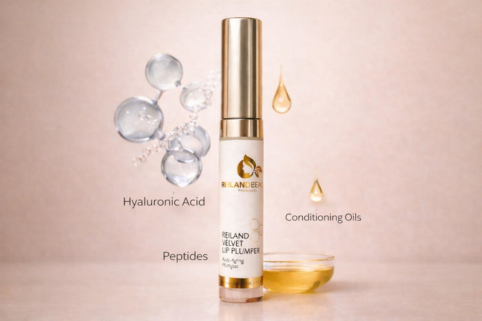 Reiland Velvet Lip Plumper displayed with ingredient callouts highlighting hyaluronic acid, peptides, and conditioning oils.
