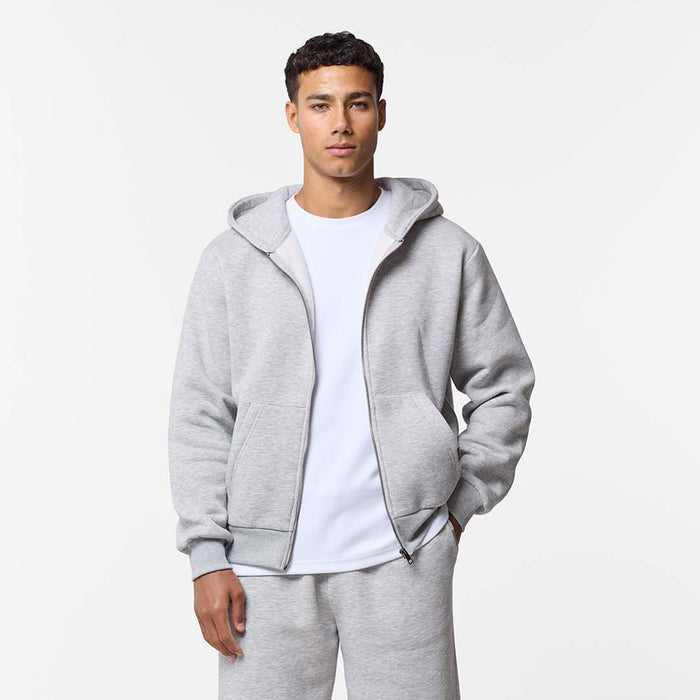 Grey marl zip up hoodie open paired with white t-shirt