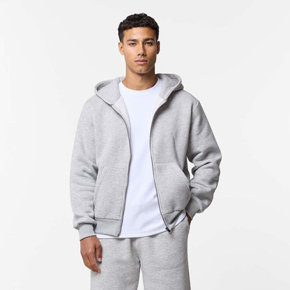 Grey marl zip up hoodie open paired with white t-shirt