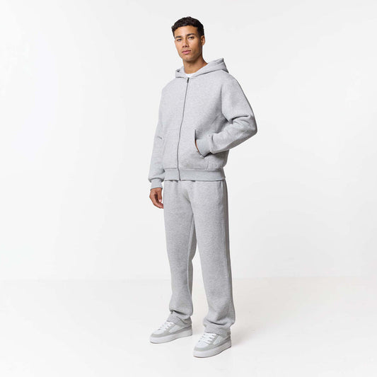 Grey marl zip up hoodie paired with straight leg joggers