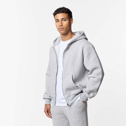 Grey marl hoodie unzipped paired with white t-shirt
