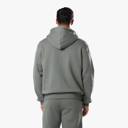 Rear view of relaxed hoodie showcasing oversized hood