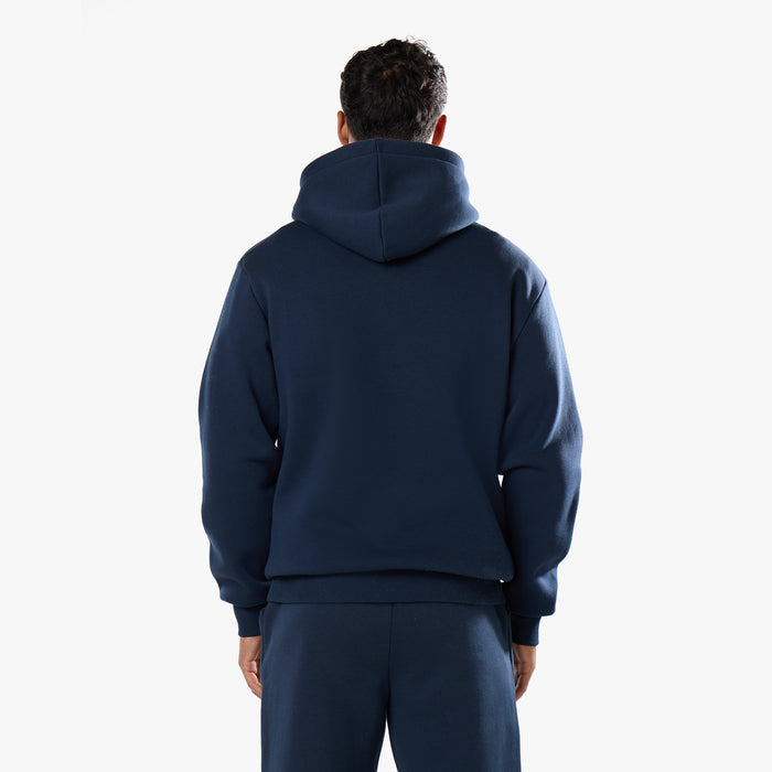 Rear view of navy hoodie showcasing oversized hood