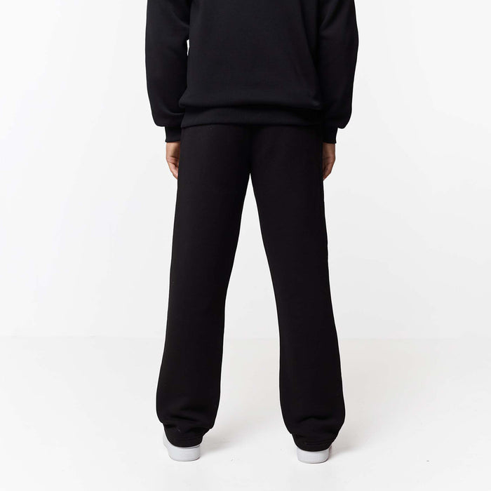 Rear view of mens black straight leg tracksuit bottoms