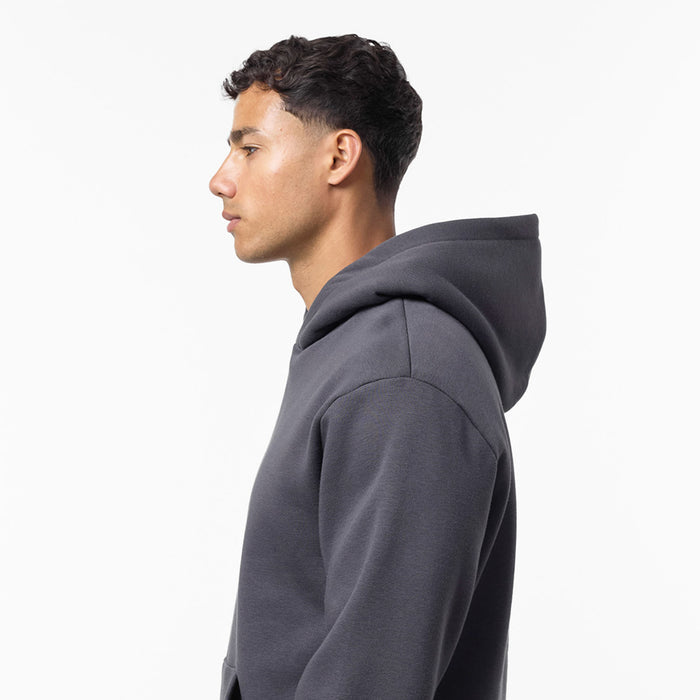Side view of dark grey hoodie highlighting the hood