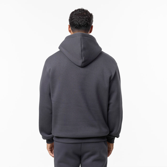 Rear view of dark grey grey showcasing the oversized hood