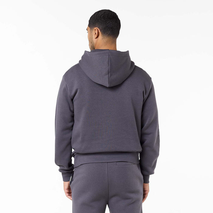 Rear view of iron grey fit hoodie showcasing the relaxed hood