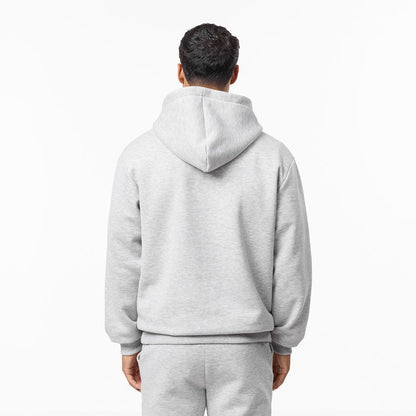 Rear view of grey marl hoodie showcasing the hood