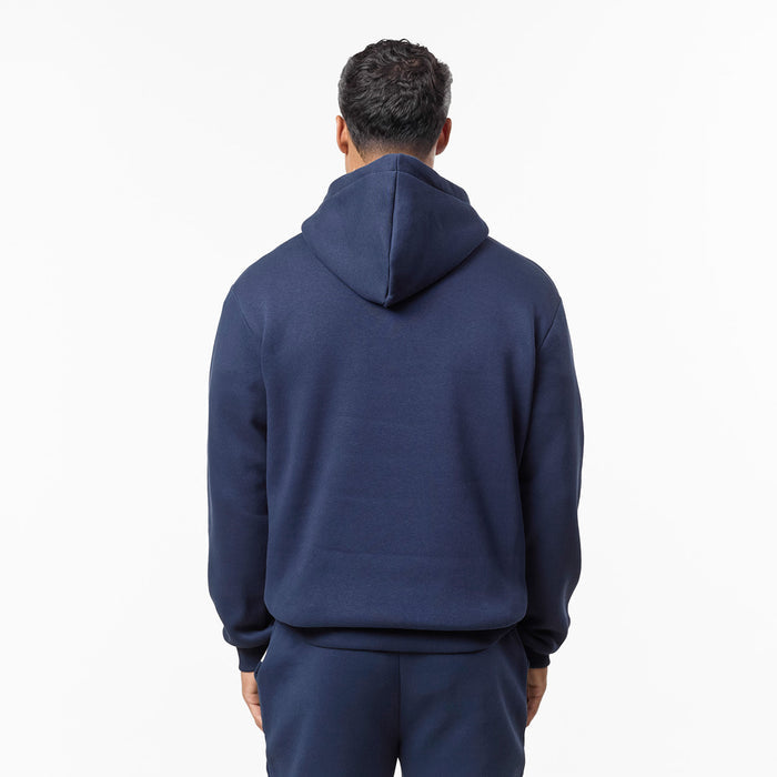 Rear view of navy hoodie showcasing oversized hood