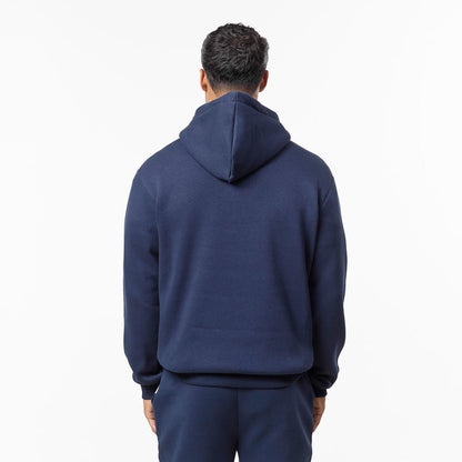 Rear view of navy hoodie showcasing oversized hood