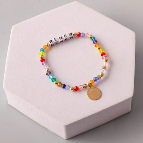 Renew Coin Crystal Beaded Inspirational Bracelet - Multi-Colored Rainbow Jewelry (BL18208)