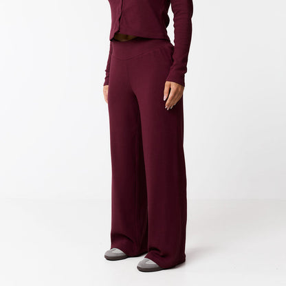 Ribbed Open Hem Trousers | Burgundy
