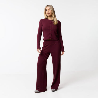 Ribbed Open Hem Trousers | Burgundy