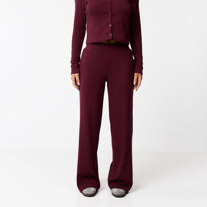 Ribbed Open Hem Trousers | Burgundy