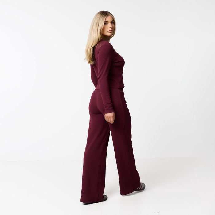 Ribbed Open Hem Trousers | Burgundy