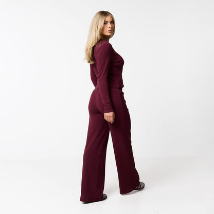 Ribbed Open Hem Trousers | Burgundy