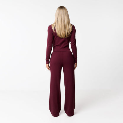 Ribbed Open Hem Trousers | Burgundy