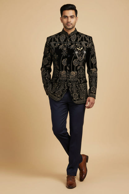 Royal Black & Gold Embroidered Jodhpuri Suit for Men