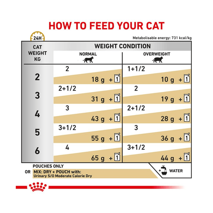 Royal Canin Feline Urinary S/O Moderate Calorie wet food feeding guide.