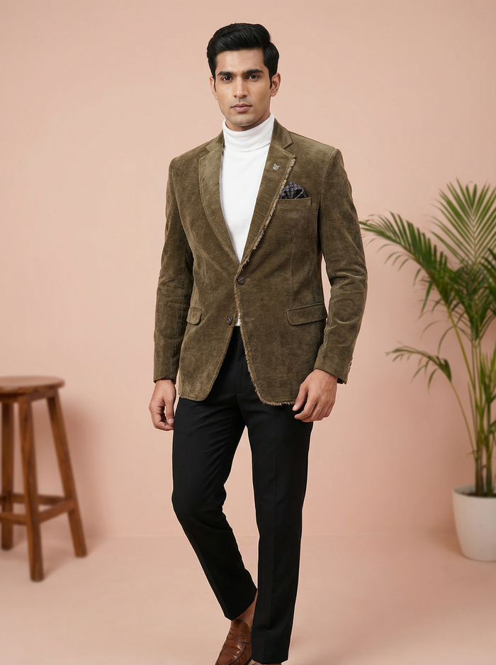 Rustic Olive Textured Smart Casual Blazer for Men