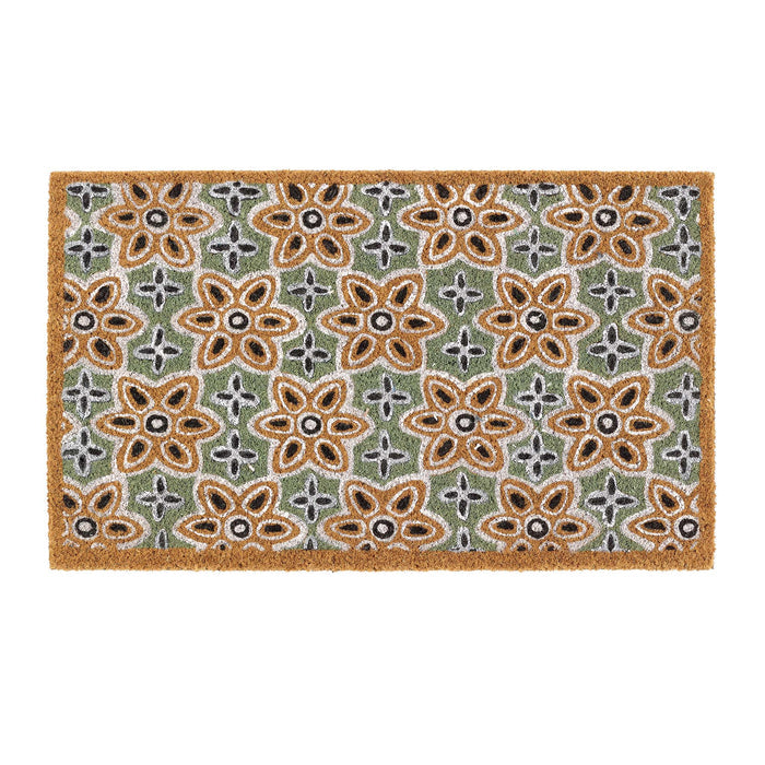 Sage Green Woodblock Coir Doormat made from natural coconut fibres, featuring a colourful woodblock pattern.